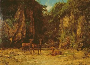 夕暮れ時にレッドディアの群れ 作： Gustave Courbet