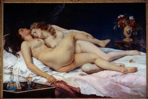 睡眠。ベッドの中で抱き合う二人の裸の女性