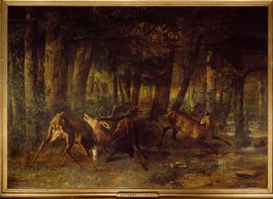 春の発情期、鹿の戦い。ギュスターヴ・クールベ（1819-1877）の絵画 作： Gustave Courbet