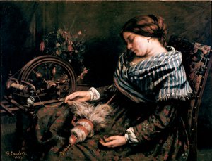 眠っている紡ぎ手 ギュスターヴ・クールベ（1819-1877）の絵画 1853年 薄暗い。91x115 cm モンペリエ、ファーブル美術館 作： Gustave Courbet