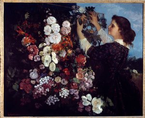 花を持つ女性か、格子を持つ女性かギュスターヴ・クールベ（1819-1877）の絵画 作： Gustave Courbet
