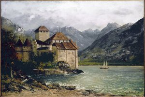 レマン湖畔のシヨン城の眺め（油彩・キャンバス 作： Gustave Courbet