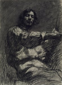 若い男が座って、勉強。イーゼルでの自画像c。 1847 作： Gustave Courbet