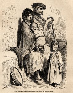 セビリアの街中で休む遊牧民の踊り子の家族。ギュスターヴ・ドーア（1832-1883）が現地で撮影したスケッチ。1862年、シャルル・ダヴィリエとギュスターヴ・ドーアが「Le tour du monde, nouveau journal des voyag」に掲載した、スペインでの航海を描いた版画。 作： Gustave Dore