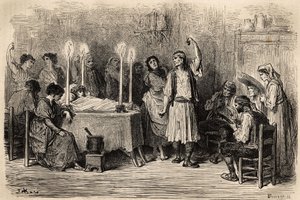 ジホナス（アリカンテ県）の葬儀の日に行われた葬儀の踊り。ギュスターヴ・ドーア（1832-1883）が現地で撮影したスケッチ。1862年、シャルル・ダヴィリエとギュスターヴ・ドーアが「Le tour du monde, nouveau jour」に掲載したスペインでの航海を説明するためのエングレーヴィング。 作： Gustave Dore