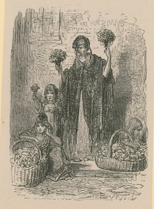 バスケットから花を売る若い女性のグループ 作： Gustave Dore