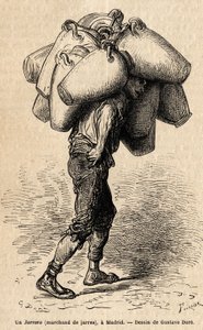 壺商人、マドリッドで撮影された生き生きとした姿を描いたスケッチ。Gustave Dore（1832-1883）が1862年にCh.Davillier（編集者）と行ったスペイン旅行を説明するために描いたもので、1869年にEdouard Charton（編集者）によって出版された "Le tour du monde "に掲載されています。 作： Gustave Dore