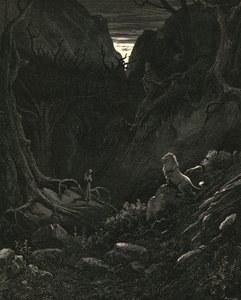 ライオンがやって来て、見た目通りに私を手に入れました、c1890。 作： Gustave Dore