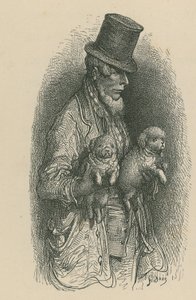 2匹の犬を手に持ちながらシルクハットをかぶった男 作： Gustave Dore