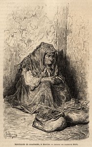 ピーナッツ商人、マドリッドのプエルタ・デル・ソルでのライブでのスケッチ。Gustave Dore（1832-1883）が1862年にCh.Davillier（編集者）と行ったスペイン旅行を説明するために描いたもので、1869年にEdouard Chartonが編集した "Le tour du monde "に掲載されています。 作： Gustave Dore