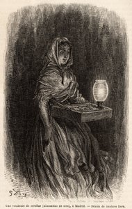 マドリッドのプエルタ・デル・ソルで、ワックスマッチを売る女性をライブで描いたスケッチ。Gustave Dore（1832-1883）が1862年にCh.Davillier（編集者）と行ったスペイン旅行を説明するために描いたもので、1869年にEdouard Chartonが編集した "Le tour du monde "に掲載されています。 作： Gustave Dore