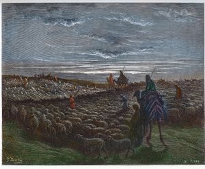 カナンの地を旅するアブラハム - カナンの地に定住したアブラム - ギュスターヴ・ドーア（1832-1883）の "The Bible illustree "のエングレーヴィング - "The Dore Bible "のエングレーヴィング 作： Gustave Dore