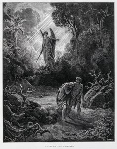 天使によってエデンの園を追放されたアダムとイヴ（ドーレ聖書よりイラスト引用 作： Gustave Dore