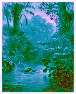 ヘリオドール・ジョセフ・ピサン（1822-90）によって彫刻された「The Dore Gallery」のイラスト、川を渡るAtalaとChactas、c.1890を発行（デジタル拡張画像） 作： Gustave Dore