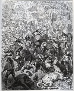 ラバ職人との戦い-ヤンゴイ族は棍棒を使っていた-ミゲル・セルバンテス（1547-1616）の「ドン・キホーテ・デ・ラ・マンチャ」（ドン・キホーテ）より-ギュスターヴ・ドーアの絵をもとにした木版画