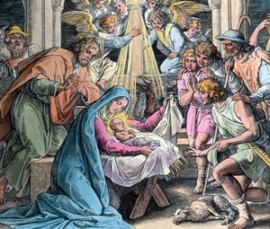 キリストの誕生。ギュスターヴ・ドーレ（1832 - 1883）が1866年に描いた聖書の挿絵（年代未詳）。画像の日付：1890年頃。カール・サイモン・アーカイブ 作： Gustave Dore