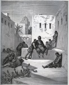 捕虜の話。捕虜が離反した捕虜に奉仕を求めるバッグン・ダルジェの中庭 - Miguel Cervantes (1547-1616) の "Don Quixote de la Mancha" (Don Quixote) より - Gustave Dore のデッサンに基づく木版画。