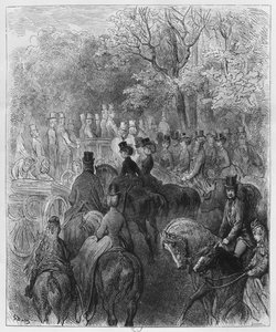 ハイドパークの馬車とライダー、ルイエノー（1824-1900）による「ロンドル」のイラスト1876年、ポールジョナルドパーセル（d.1902）による彫刻パリ、アシェット 作： Gustave Dore