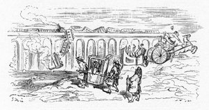 1850年頃にギュスターヴ・ドーレによって描かれた "近代的 "輸送の漫画：2台の列車がぶつかり合い、旅客列車が脱線して橋の上から落下する。