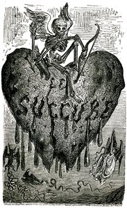 オノレ・ド・バルザック（1799-1850）の「ドロラティック物語」（1855年）のためのギュスターヴ・ドーレによる章頭挿絵：サキュバス（吸血鬼）-骸骨、死、心臓、血-。 作： ギュスターヴ・ドレ