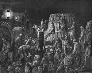 「コベント ガーデン マーケット - 早朝」、1872 年。 作： Gustave Dore