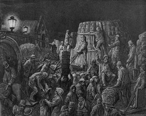 「コベント ガーデン マーケット - 早朝」、1872 年 作： Gustave Dore