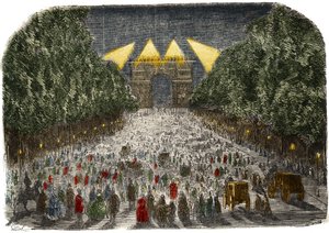10月26日、27日にパリで行われた凱旋門とシャンゼリゼ（Champs-Elysees）の電飾を鑑賞する群衆の様子 作： Gustave Dore