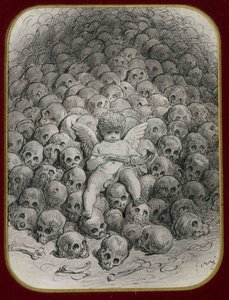 「ドクロの山の上にピストルを持ったキューピッド」 ギュスターヴ・ドーア（1832-1883）によるインクとドローイング 個人蔵