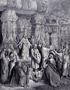 紀元前539年にバビロンに到着したキュロス2世（紀元前580年～紀元前530年）は、捕虜となっていた人々を解放し、エルサレム神殿で戦利品として奪われていた聖なる器をユダヤ人に返した。ギュスターヴ・ドレによるエングレーヴィング。 作： Gustave Dore