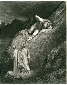 ミノタウロスに出会うダンテとバージル。ギュスターヴ・ドーアが挿絵を描いたダンテ・アリギエーリ（神曲）の『地獄』からのエングレーヴィング。1861年のフランス版。「E in su la punta della rotta lacca/L