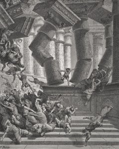 サムソンの死、裁判官26：28-30、G。ラルランテによって彫刻されたドアの「聖書」のイラスト、1866年（彫刻） 作： Gustave Dore