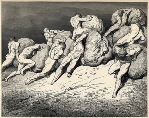 浪費家と悲惨さの魂。ダンテアリギエーリの「神曲」のイラスト。 1857年頃 作： Gustave Dore