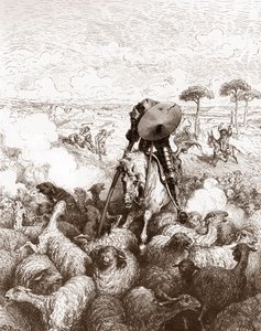 羊の群れを攻撃するドン・キホーテ ミゲル・デ・セルバンテス (1547-1616) による「The Ingenieux Hidalgo Don Quixote de la Mancha (Quixotte - Quixote)」のグスタフ・ドレ (1832-1883) による彫刻 1863 個人蔵 作： Gustave Dore