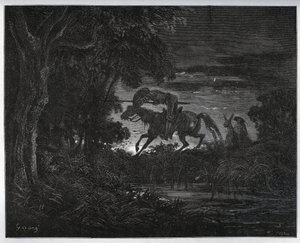 ドン・キホーテとサンチョ・パンサが未知の深い森の中で冒険を始めたところ - Miguel Cervantes (1547-1616) の「Don Quixote de la Mancha」（ドン・キホーテ）より - Gustave Doreのドローイングに基づく木版画 作： Gustave Dore
