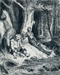 ミゲル・デ・セルバンテス・サアベドラ（1547-1616）の『ドン・キホーテ』のためにギュスターヴ・ドーア（1832-1883）が描いたイラストのドン・キホーテとサンチョ・パンサ。 作： Gustave Dore