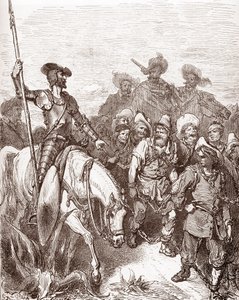 Don Quixote and sancho Panza interrogates the criminals being led to the galleys Engraving by Gustave Dore (1832-1883) for “L