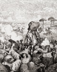 羊の群れと戦うドン・キホーテ。1905 作： Gustave Dore