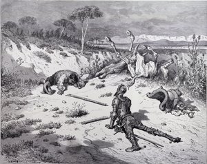 ヘリオドールジョセフピサン（1822-90）c.1868によって彫刻されたミゲルセルバンテス（1547-1616）の「ドンキホーテデラマンチャ」からの、ドンキホーテの感謝の気持ちのモラライジング 作： Gustave Dore