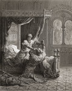 イギリスのエドワード1世（1239-1307）は、JFによる「Bibliotheque des Croisades」のイラストである1272年6月に彼の暗殺者を殺害します。ミショー、1877 作： Gustave Dore