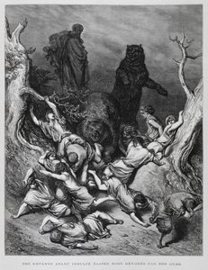 クマに滅ぼされた子供たちを見つめるエリシャ、ドーレ聖書からの挿絵 作： Gustave Dore