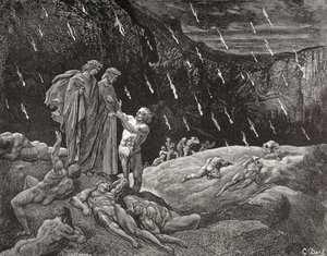ギュスターヴ・ドーア1832-1883年フランスの画家、挿絵画家によるダンテ・アリギエーリ『地獄篇』カント15章28行目と29行目のための版画。 作： Gustave Dore