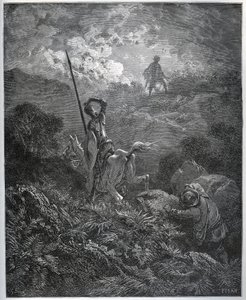 デグエニール・ド・ラ・マレーズ鉱山の最初の出現-ミゲル・セルバンテス（1547-1616）の「ドン・キホーテ・デ・ラ・マンチャ」（ドン・キホーテ）より-ギュスターヴ・ドーアの絵をもとにした木版画 作： Gustave Dore