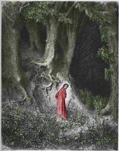 地獄の最初の歌: 詩人ダンテは森の中にいることに気づきます。 イラスト：ギュスターヴ・ドレ 作： Gustave Dore