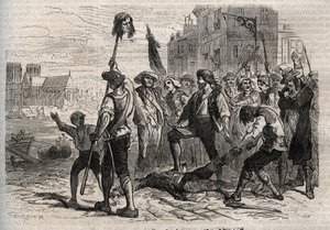 フランス革命。1789年7月14日にパリで行われたフランスの行政官であるブレギー伯爵ジャック・ドゥ・フレセル（1730-1789）の死 - パリの商人たちのプロボストであるジャック・ドゥ・フレセルの死 作： Gustave Dore