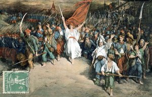 プロシア軍と戦うフランス国民を率いるフランス共和国、ギュスターヴ・ドーレ作（1870年）、絵葉書 作： Gustave Dore
