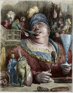 フランスの作家、フランソワ・ラブレー（1494-1553）の小説に登場するキャラクター、ガルガンチュア（Gargantua）。イラストはギュスターヴ・ドーア（1832-1883）。