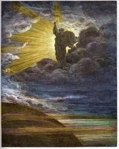 光を創造する神 - 光の創造 - 旧約聖書（創世記） - 光の創造 - ギュスターヴ・ドーア（1832-1883）の "The Bible illustree "のエングレーヴィング - "The Dore Bible "のエングレーヴィング 作： Gustave Dore