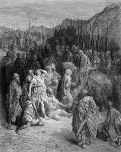 ペーターズ・アーミーの残骸と出会うゴデフロイ - ギュスターヴ・ドレの版画 作： Gustave Dore