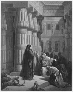 ギュスターヴ・ドール聖書：エジプト人はモーセに出発するように促します 作： Gustave Dore