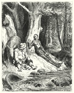 Gustave Dores Don Quixote: "ドン・キホーテとサンチョが青々とした木々の間で見つけた清らかな泉は、彼らをリフレッシュさせてくれました"(エングレーヴィング) 作： Gustave Dore